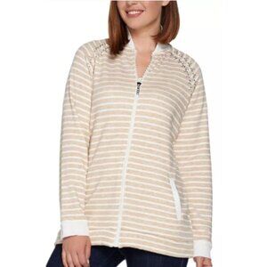 Quacker Factory beige white stripe rhinestone zip front sweatshirt size XL